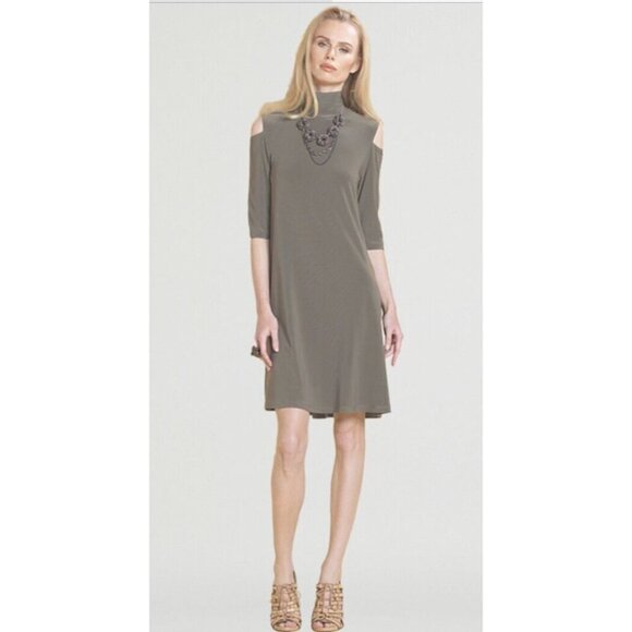 Clara Sun Woo Green Cold Shoulder Mock Neck Dress | Size XS | Excellent Conditio - Picture 1 of 9